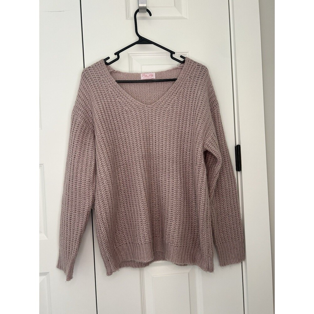 Pink Lily V Neck Chunky Knit Sweater Pink Mauve Womens Size M Oversized